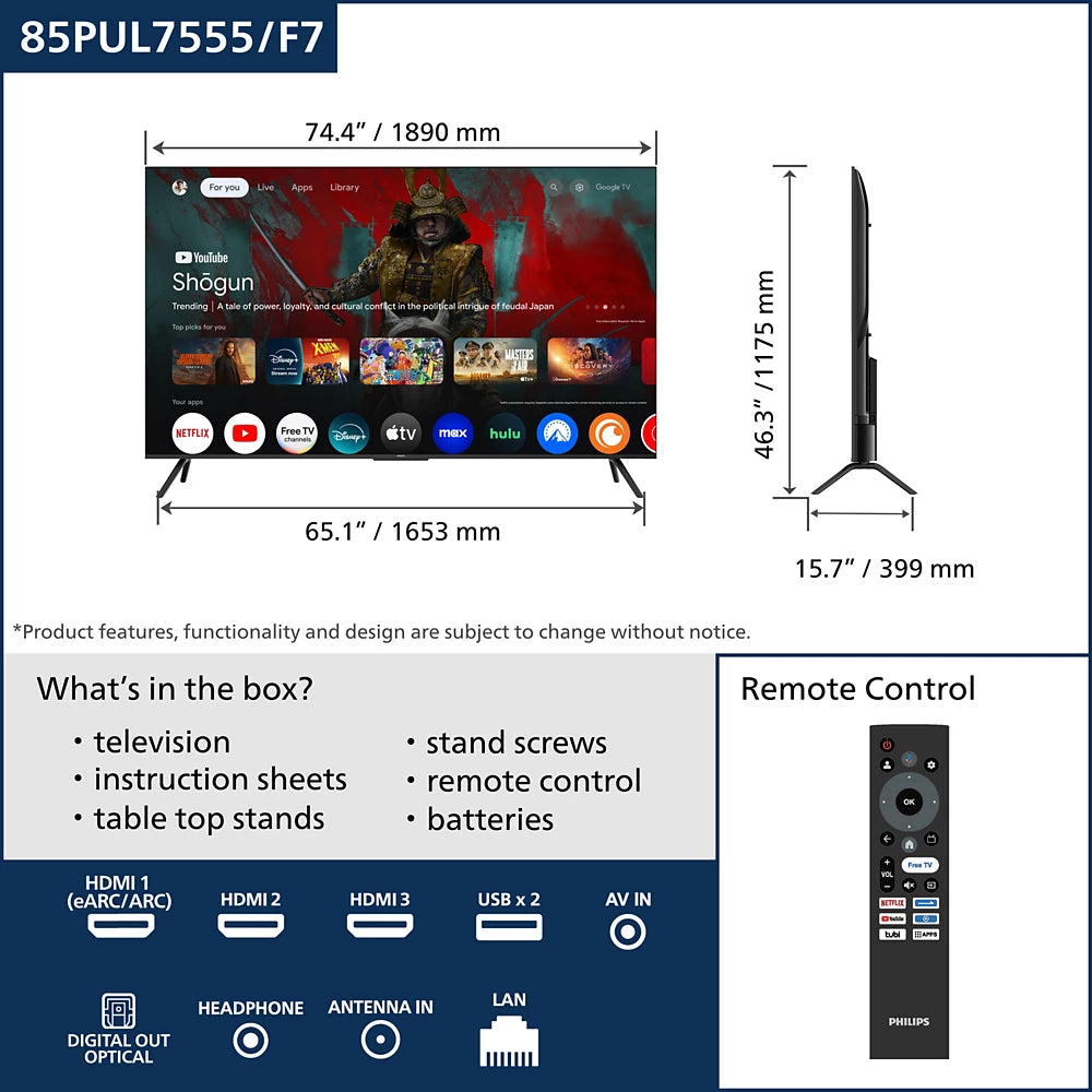 Entertainment Series 7000 series 4K Ultra HD LED Google TV (85PUL7555/F7)